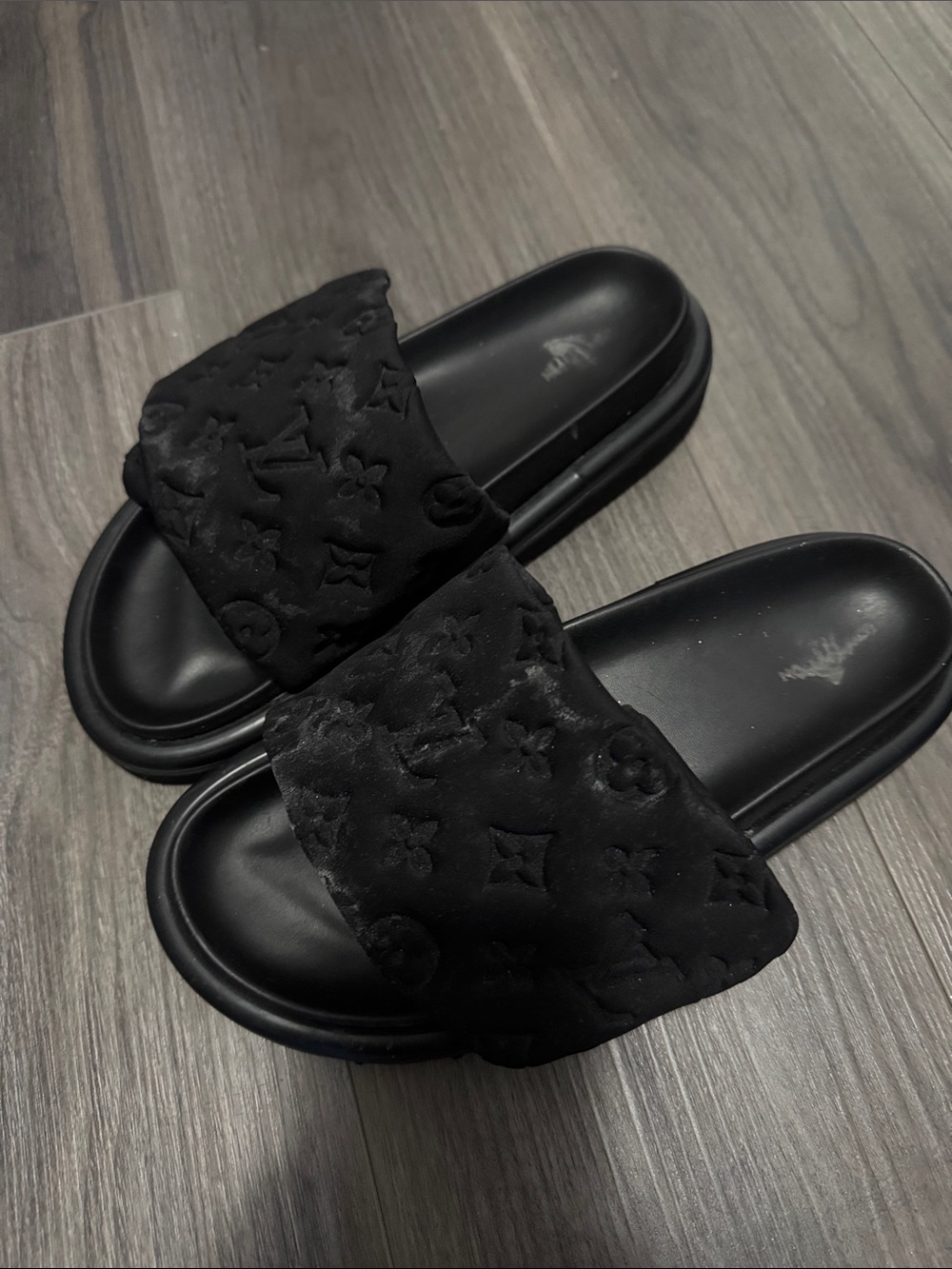 Louis Vuitton Black Embossed Monogram Slide Sandals